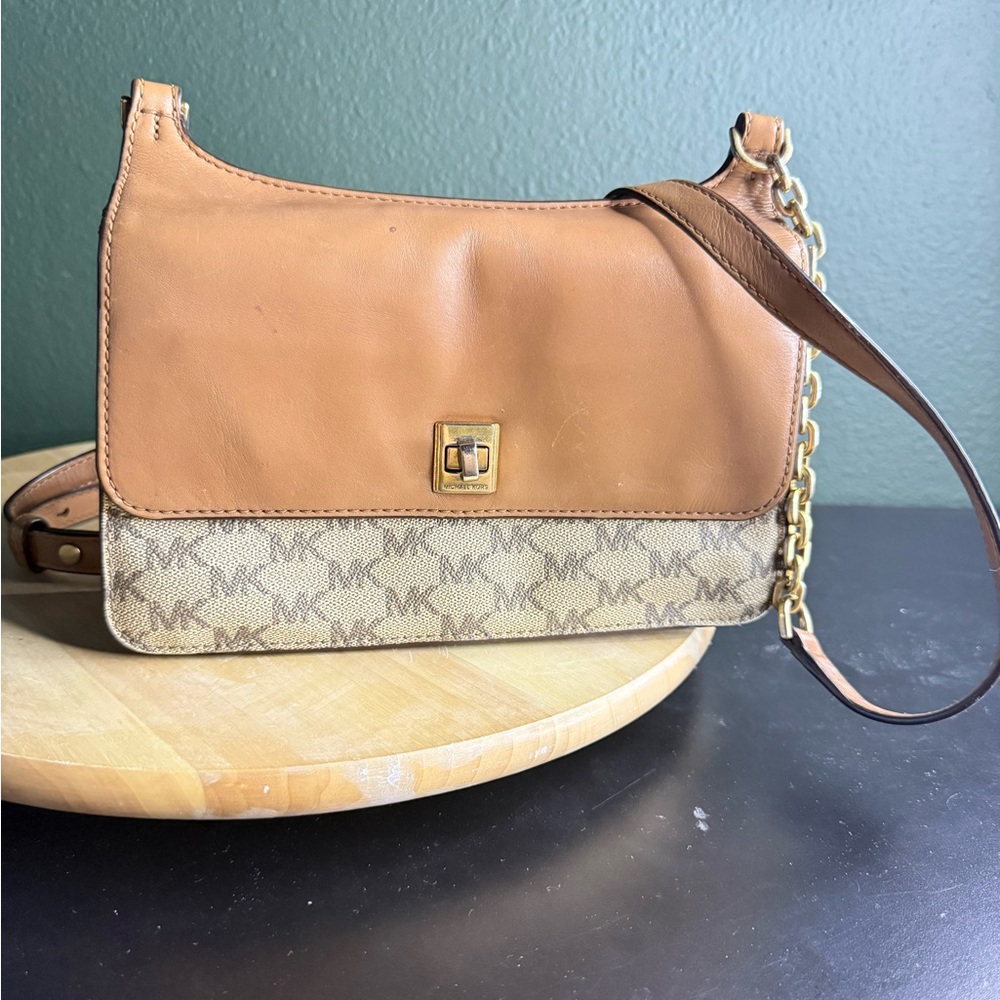 Michael Kors Tan and Brown Crossbody Bag with Gold Hardware